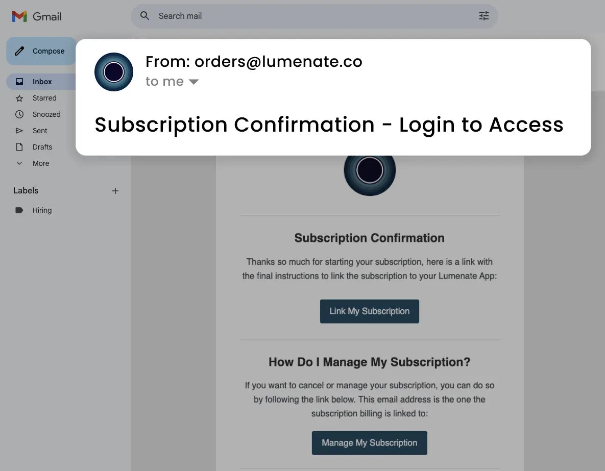 The Lumenate subscription confirmation email in an inbox