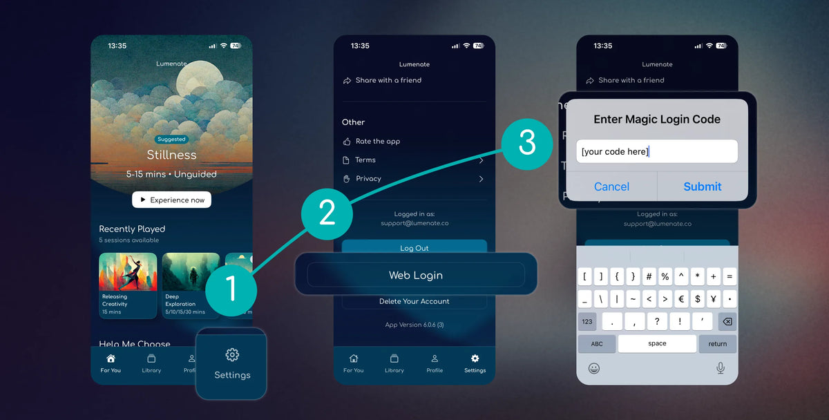 The Lumenate app Settings screen, the Web Login option, and the Magic Login code entry