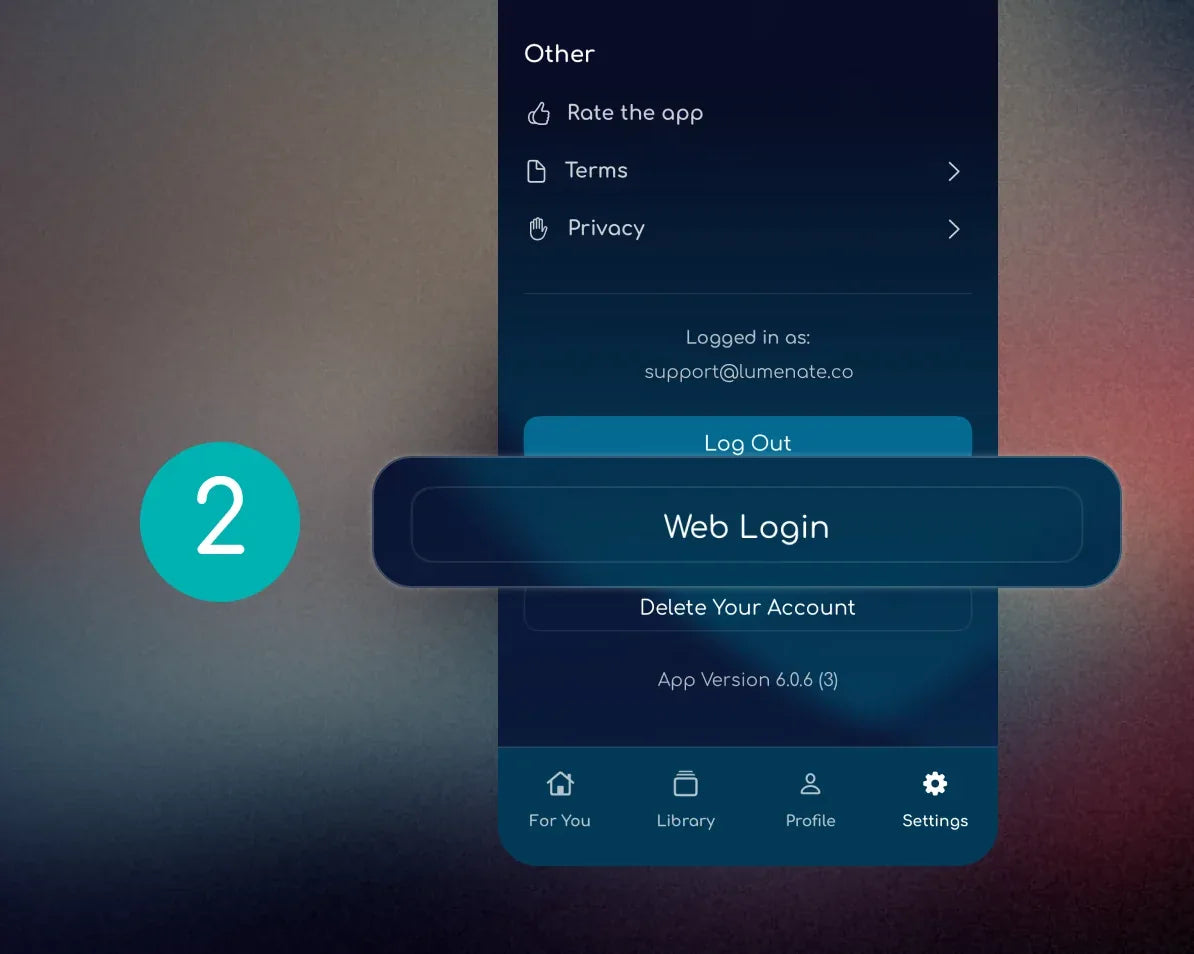 Step 2: the Web Login option at the bottom of Lumenate app Settings