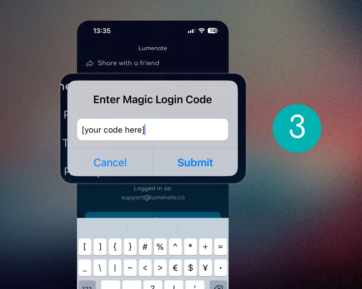 Step 3: entering the Magic Login code in the Lumenate app